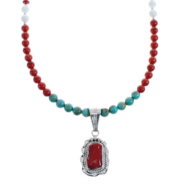 Native American Navajo Multicolor Bead Pendant Sterling Silver Necklace JX126577