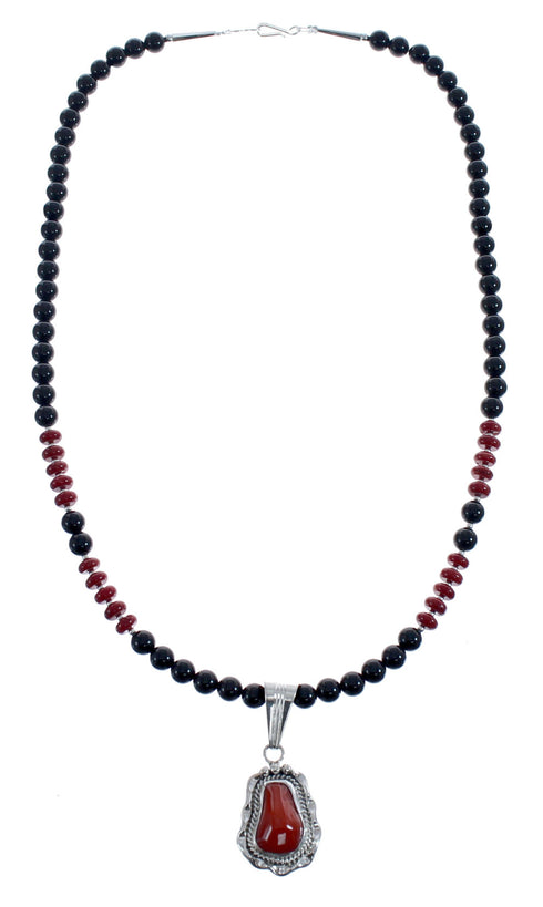 Native American Navajo Coral Onyx Bead Pendant Sterling Silver Necklace JX126578