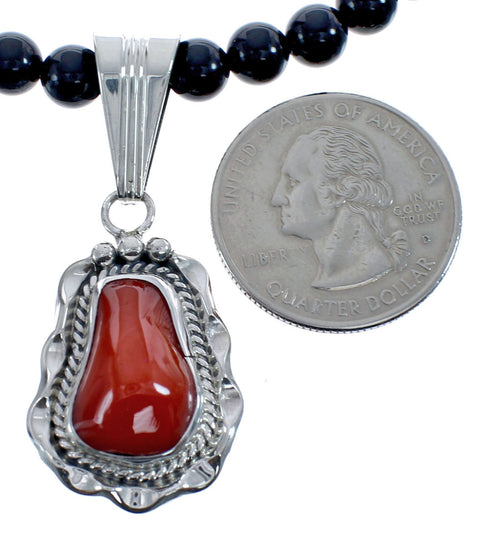 Native American Navajo Coral Onyx Bead Pendant Sterling Silver Necklace JX126578