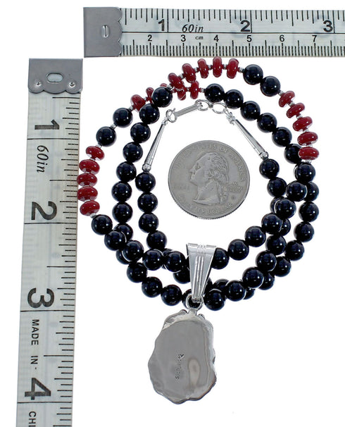 Native American Navajo Coral Onyx Bead Pendant Sterling Silver Necklace JX126578