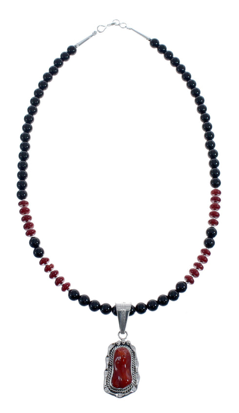 Native American Navajo Coral Onyx Bead Pendant Sterling Silver Necklace JX126581