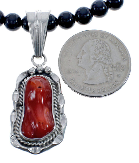 Native American Navajo Coral Onyx Bead Pendant Sterling Silver Necklace JX126581