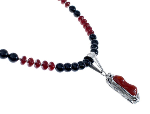 Native American Navajo Coral Onyx Bead Pendant Sterling Silver Necklace JX126581