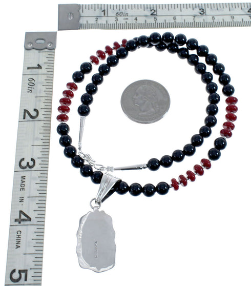 Native American Navajo Coral Onyx Bead Pendant Sterling Silver Necklace JX126581