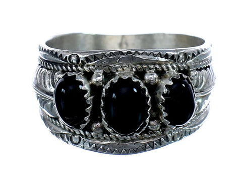 Native American Navajo Silver Onyx Scalloped Leaf Ring Size 14-1/4 AX125771