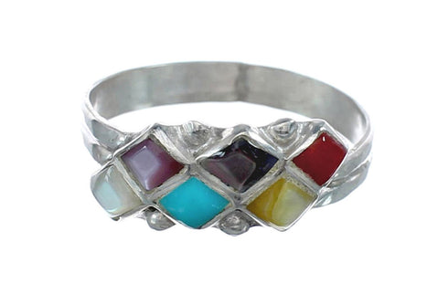 Native American Zuni Multicolor Sterling Silver Ring Size 7-1/2 AX125777