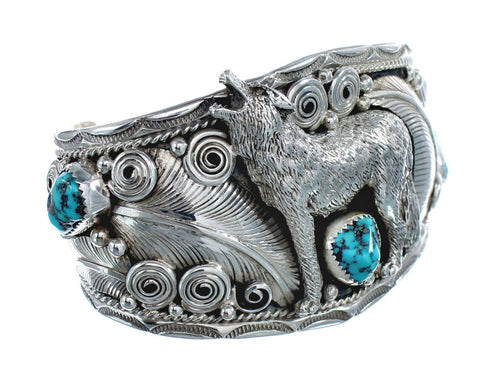 Navajo Sterling Silver Turquoise Wolf Leaf Cuff Bracelet AX125892