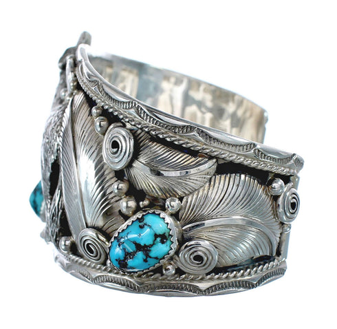 Navajo Sterling Silver Turquoise Wolf Leaf Cuff Bracelet AX125892