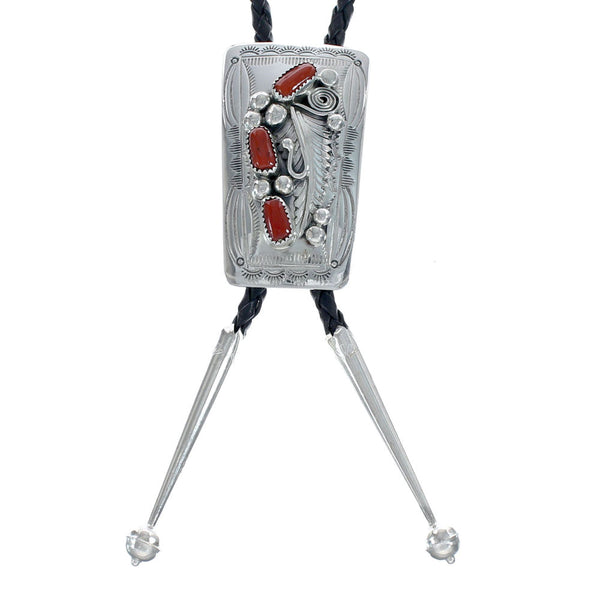 Native American Sterling Silver Coral Scalloped Leaf Navajo Bolo Tie JX125852