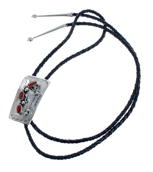 Native American Sterling Silver Coral Scalloped Leaf Navajo Bolo Tie JX125852