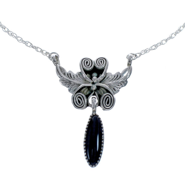 Native American Navajo Onyx Sterling Silver Leaf Chain Necklace JX125859
