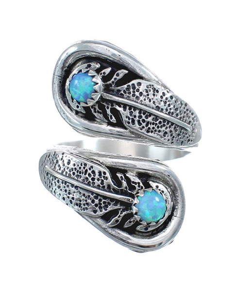 Sterling Silver Opal Navajo Feather Adjustable Ring Size 7, 8, 9 AX126096