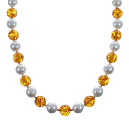 Native American Amber And Mother of Pearl Sterling Silver Bead Necklace JX126861