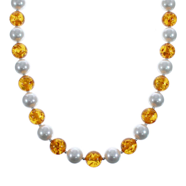Native American Amber And Mother of Pearl Sterling Silver Bead Necklace JX126861