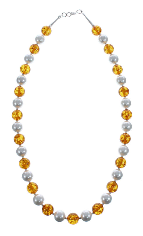 Native American Amber And Mother of Pearl Sterling Silver Bead Necklace JX126861