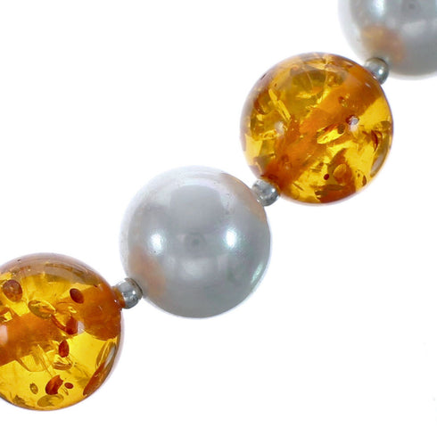Native American Amber And Mother of Pearl Sterling Silver Bead Necklace JX126861