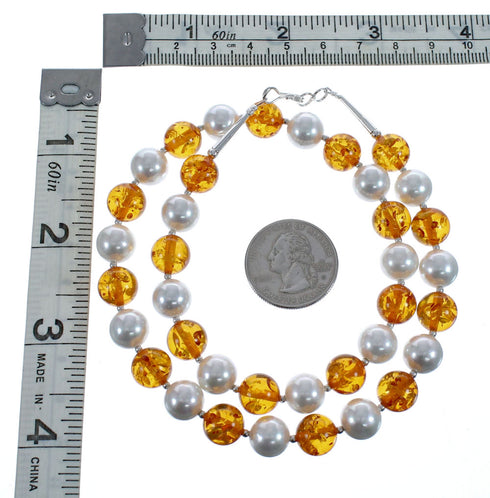 Native American Amber And Mother of Pearl Sterling Silver Bead Necklace JX126861