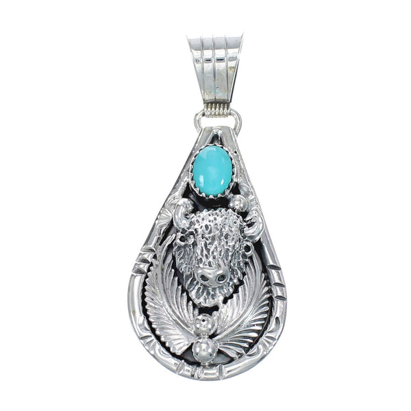 Navajo Turquoise Sterling Silver Buffalo Tear Drop Pendant JX126408
