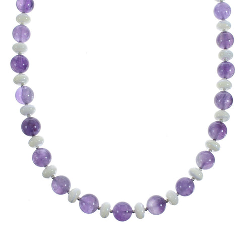 Native American Navajo Amethyst and Mother of Pearl Bead Sterling Silver Necklace JX126710