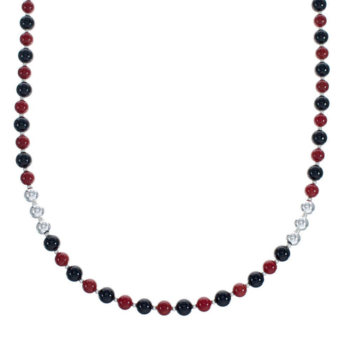 Sterling Silver Coral And Onyx Navajo Bead Necklace JX126705