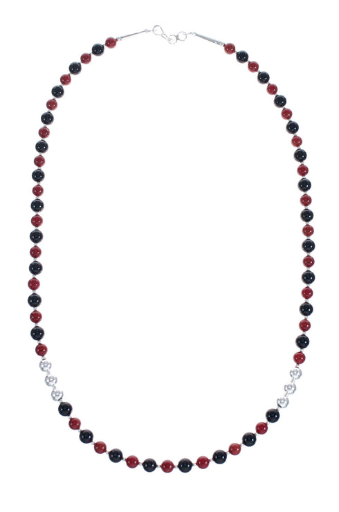Sterling Silver Coral And Onyx Navajo Bead Necklace JX126705