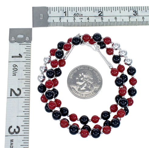 Sterling Silver Coral And Onyx Navajo Bead Necklace JX126705