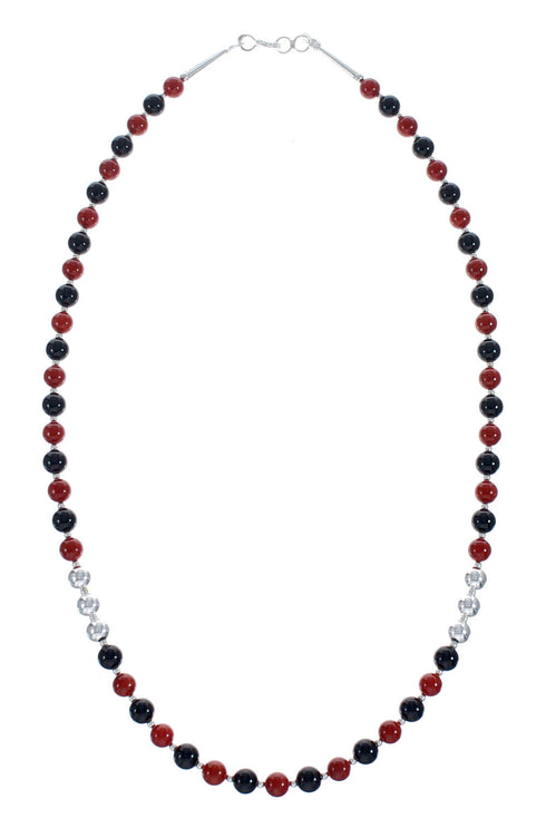 Sterling Silver Coral And Onyx Navajo Bead Necklace JX126734