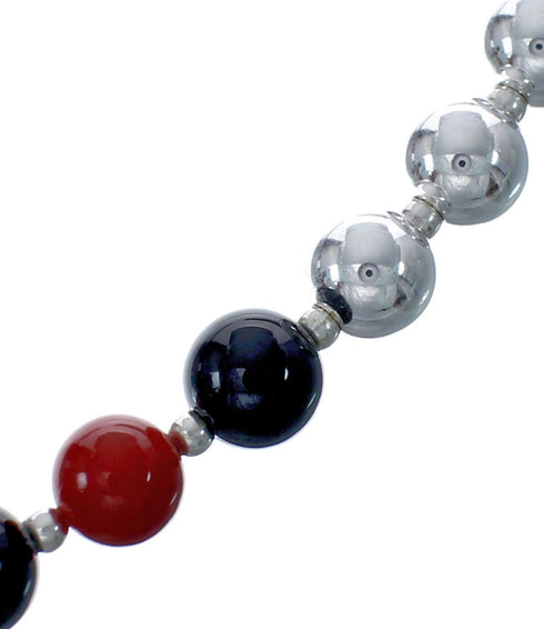 Sterling Silver Coral And Onyx Navajo Bead Necklace JX126734