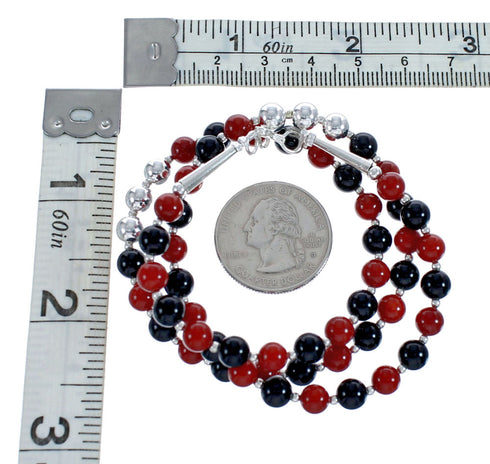 Sterling Silver Coral And Onyx Navajo Bead Necklace JX126736
