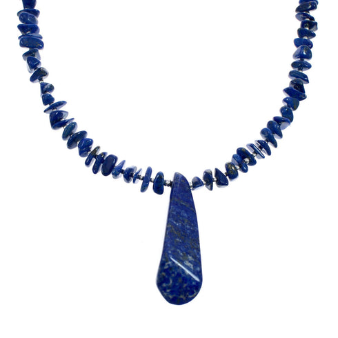 Native American Sterling Silver Lapis Bead Necklace with Pendant JX126760