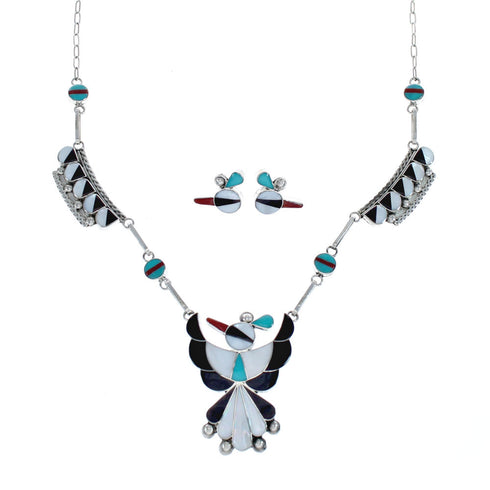 Zuni Thunderbird Multicolor Inlay Sterling Silver Link Necklace Set JX127047