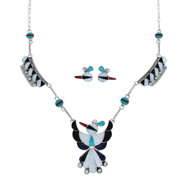 Zuni Thunderbird Multicolor Inlay Sterling Silver Link Necklace Set JX127047