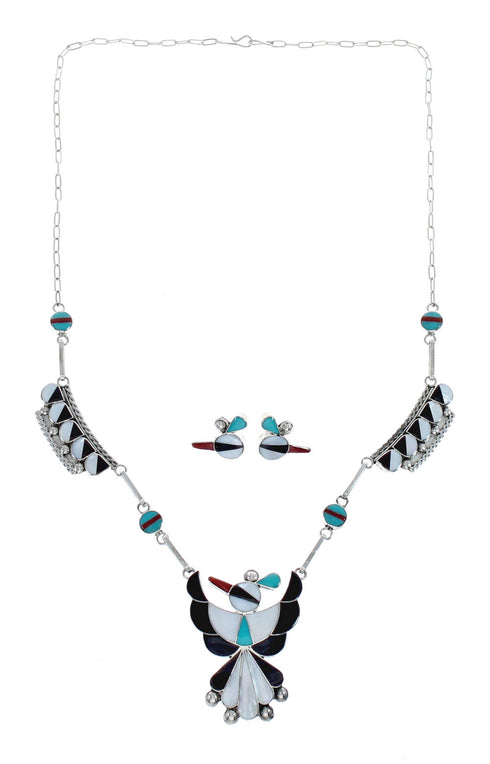 Zuni Thunderbird Multicolor Inlay Sterling Silver Link Necklace Set JX127047