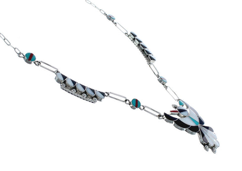 Zuni Thunderbird Multicolor Inlay Sterling Silver Link Necklace Set JX127047