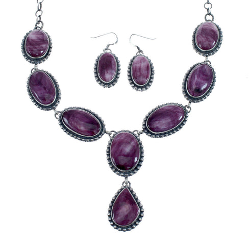 Purple Oyster Shell Genuine Sterling Silver Navajo Link Necklace Set JX127025