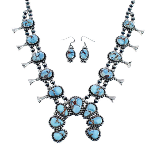 Navajo Genuine Sterling Silver Golden Hill Turquoise Squash Blossom Necklace Set JX127021