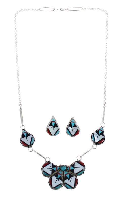 Zuni Multicolor Inlay Tear Drop Sterling Silver Earrings And Link Necklace Set AX126178