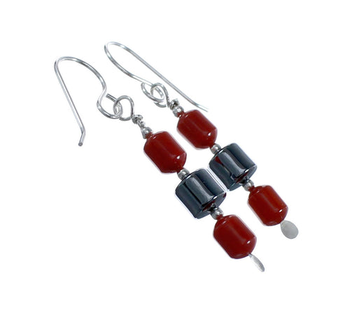 Coral Hematite Navajo Sterling Silver Bead Hook Dangle Earrings AX127340
