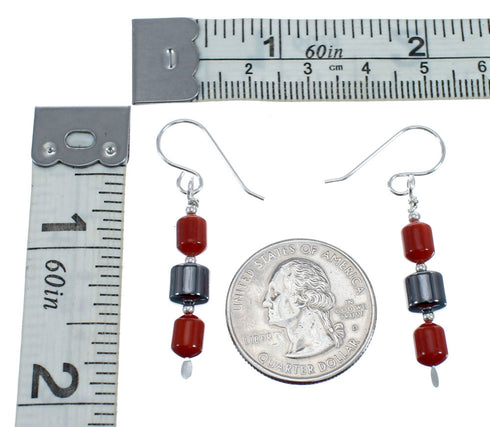 Coral Hematite Navajo Sterling Silver Bead Hook Dangle Earrings AX127340