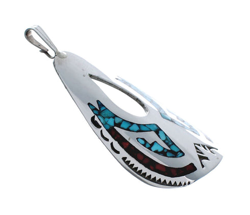 Turquoise and Coral Inlay Genuine Sterling Silver Navajo Pendant AX127414