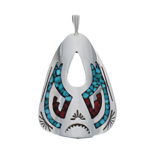 Turquoise and Coral Inlay Genuine Sterling Silver Navajo Pendant AX127416