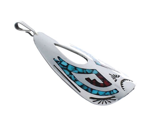 Turquoise and Coral Inlay Genuine Sterling Silver Navajo Pendant AX127416