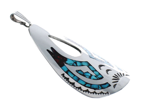 Turquoise and Coral Inlay Genuine Sterling Silver Navajo Pendant AX127418