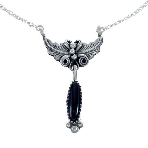 Native American Navajo Onyx Sterling Silver Leaf Chain Necklace AX127533