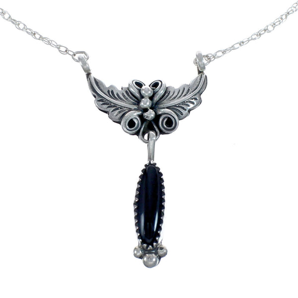 Native American Navajo Onyx Sterling Silver Leaf Chain Necklace AX127533