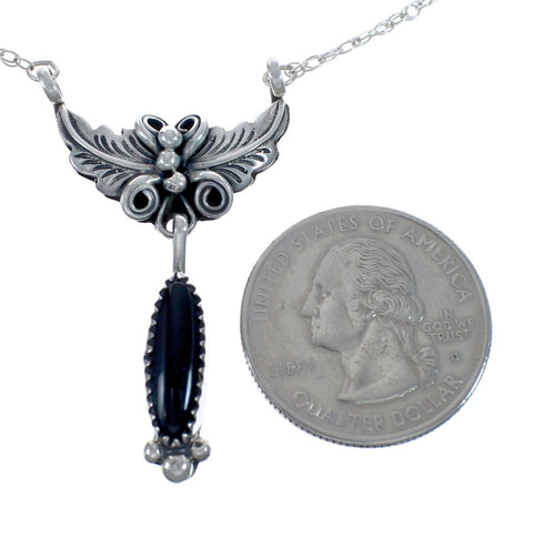 Native American Navajo Onyx Sterling Silver Leaf Chain Necklace AX127533