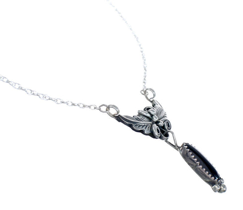 Native American Navajo Onyx Sterling Silver Leaf Chain Necklace AX127533