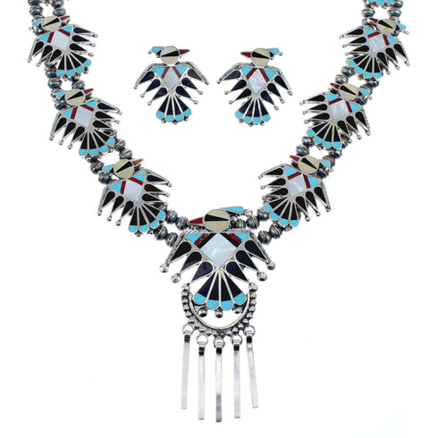 Zuni Sterling Silver Multicolor Thunderbird Necklace And Earrings Set AX127536