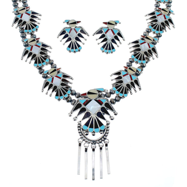 Zuni Sterling Silver Multicolor Thunderbird Necklace And Earrings Set AX127536