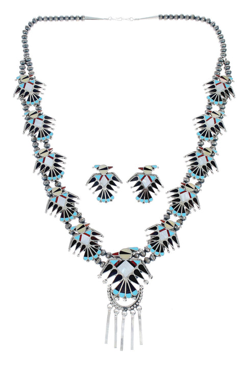 Zuni Sterling Silver Multicolor Thunderbird Necklace And Earrings Set AX127536